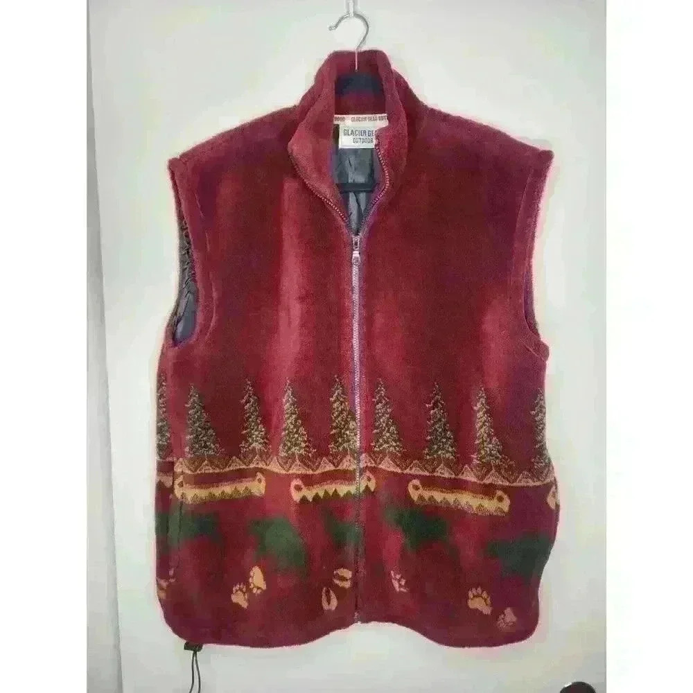 Vtg Glacier Gear Outdoor Fleece Vest Mens L or Wms XL Moose Bear‎ Trees Alaska